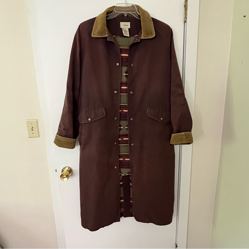 Vintage L.L. Bean Womens Duster Trench Coat Brown Canvas Chore Aztec Lined Sz L